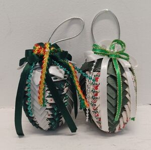 Handcrafted Festive Green White Pine Cone Quilt Fabric Ornament Set Of 2